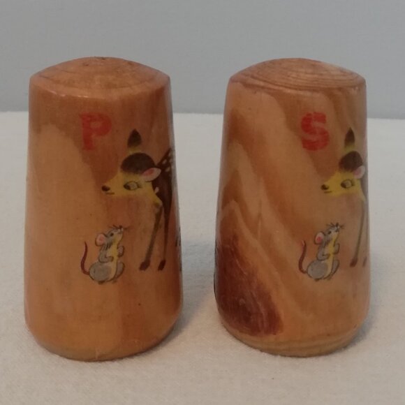 Vintage Rustic Wood Salt & Pepper Shakers Deer & Mouse 3" - Picture 2 of 8